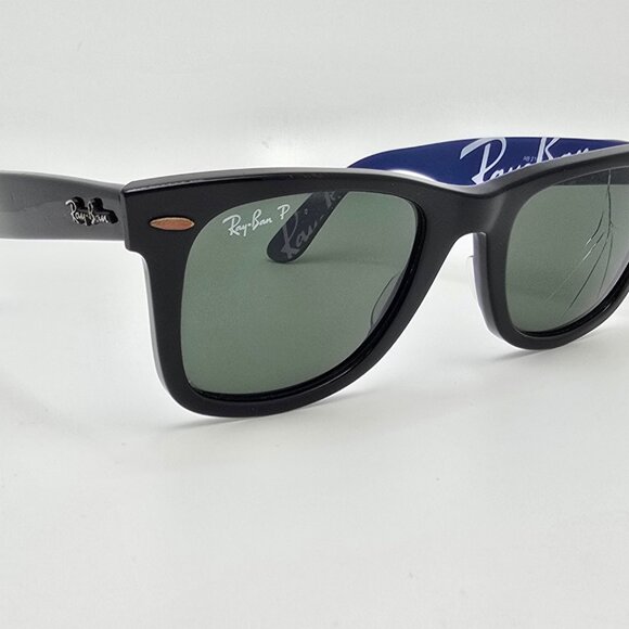 Ray-Ban RB2140 1112/58 Wayfarer Black on Blue Text Polarized G-15 Sunglasses - Picture 6 of 16